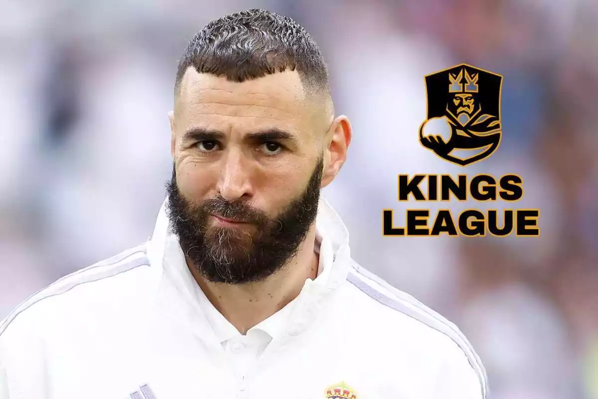 Plano medio corto de Karim Benzema en un montaje mirando el logo de la Kings League