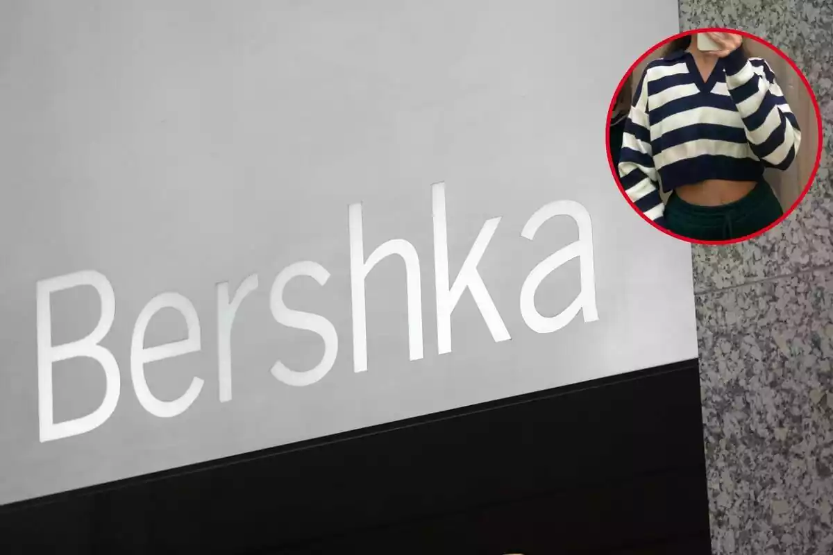 Tienda Bershka y primer plano del jersey cuello polo de rayas