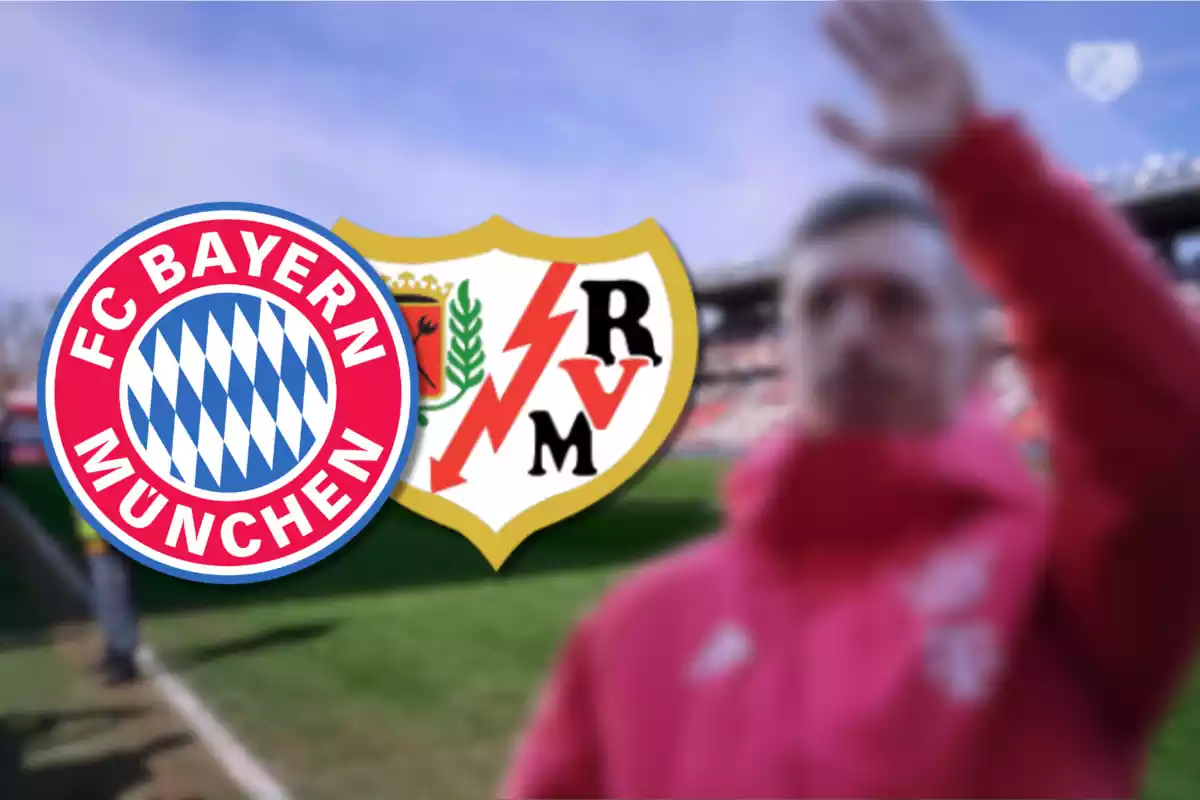 Bryan Zaragoza en un montaje con los escudos de Bayern y Rayo Vallecano