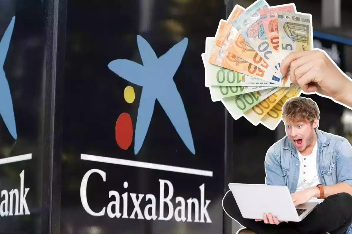 Imagen de fondo de unas oficinas CaixaBank con su logo y otras dos imágenes, una de una mano con billetes de euros y otra de un hombre con gesto sorprendido y un portátil delante