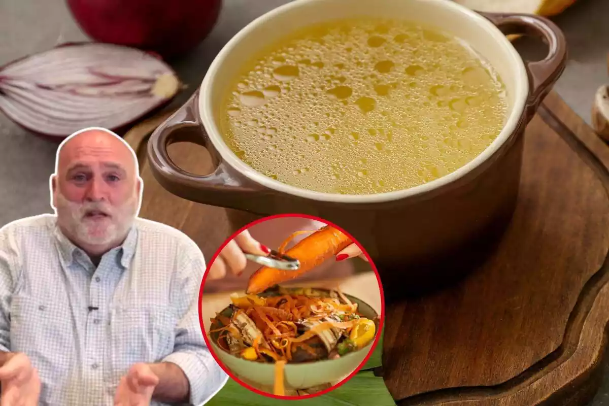 Imagen de fondo de una olla con caldo, otra imagen del chef José Andrés en primer plano y otra imagen más de pieles de verduras