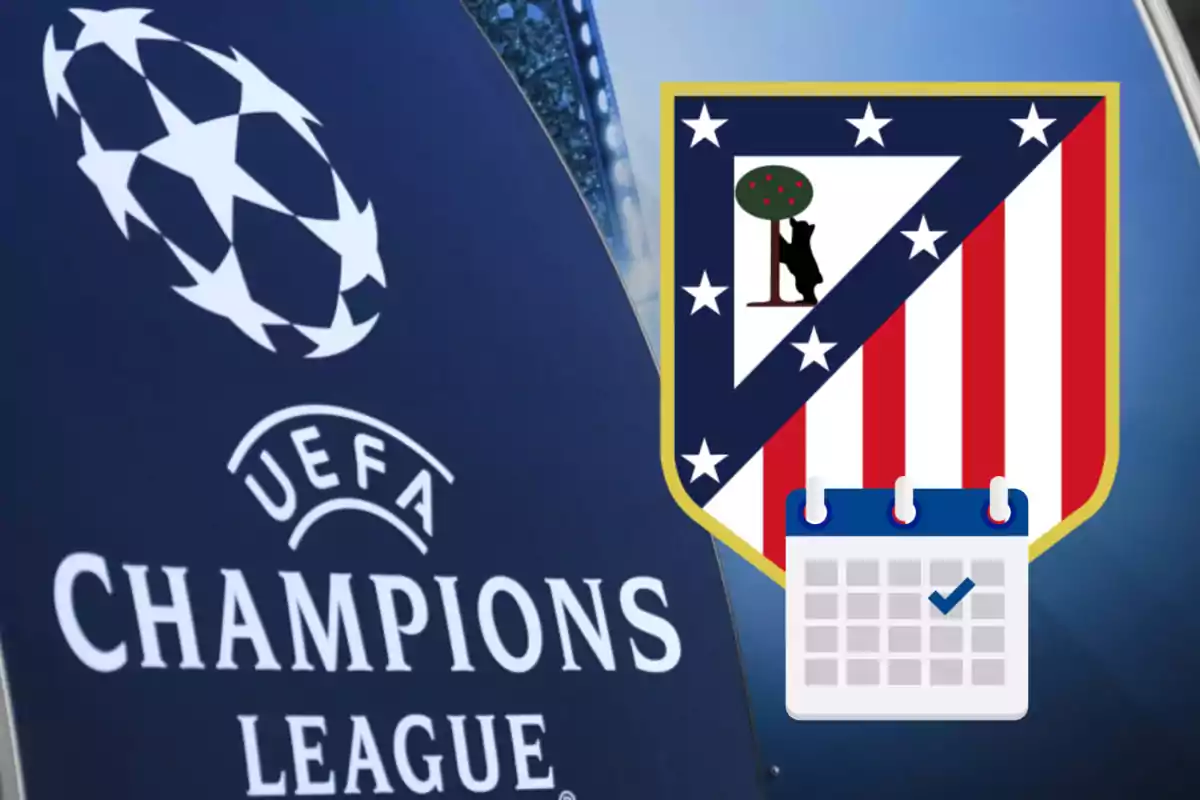 Logotipo de la UEFA Champions League junto al escudo del Atlético de Madrid y un icono de calendario.