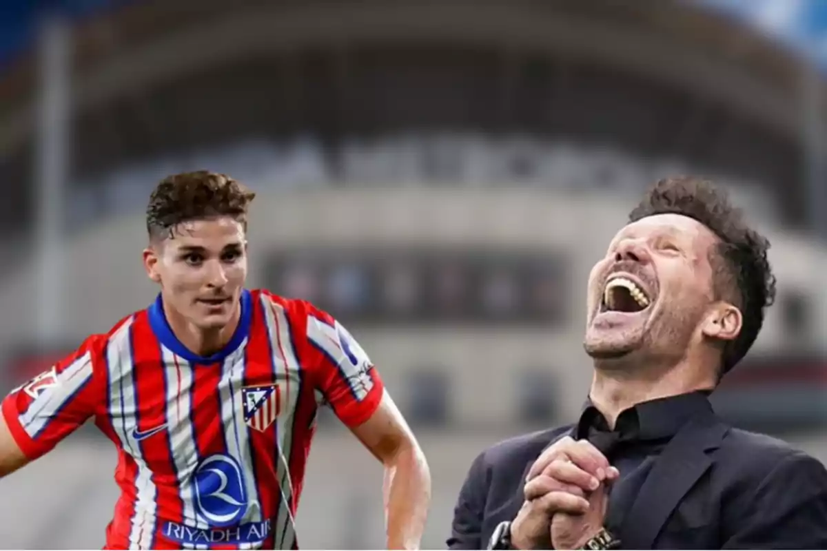 Un jugador de fútbol con el uniforme del Atlético de Madrid y un hombre riendo en el fondo de un estadio.