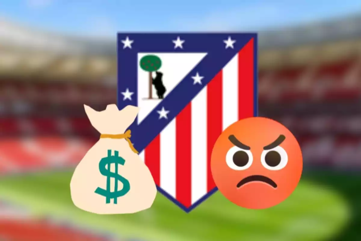 Escudo de un equipo de fútbol con un emoji de bolsa de dinero y un emoji de enojo frente a un estadio desenfocado.