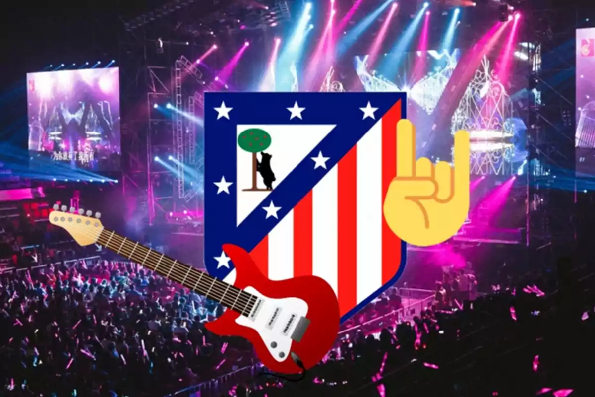 Un concierto con luces de colores y una multitud, con el escudo del Atlético de Madrid, una guitarra eléctrica roja y un emoji de mano haciendo el gesto de rock.