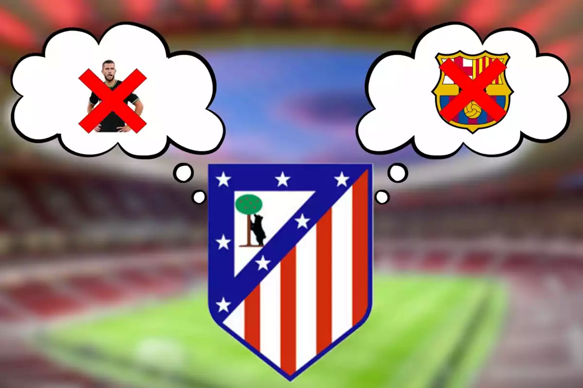 La imagen muestra el escudo del Atlético de Madrid en el centro, con dos burbujas de pensamiento a los lados; la burbuja de la izquierda contiene la imagen de un jugador tachado con una "X" roja, mientras que la burbuja de la derecha contiene el escudo del FC Barcelona también tachado con una "X" roja.