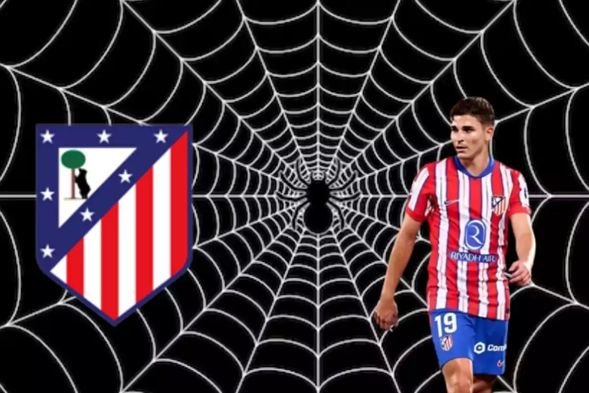 Jugador del Atlético de Madrid con fondo de telaraña y escudo del equipo.