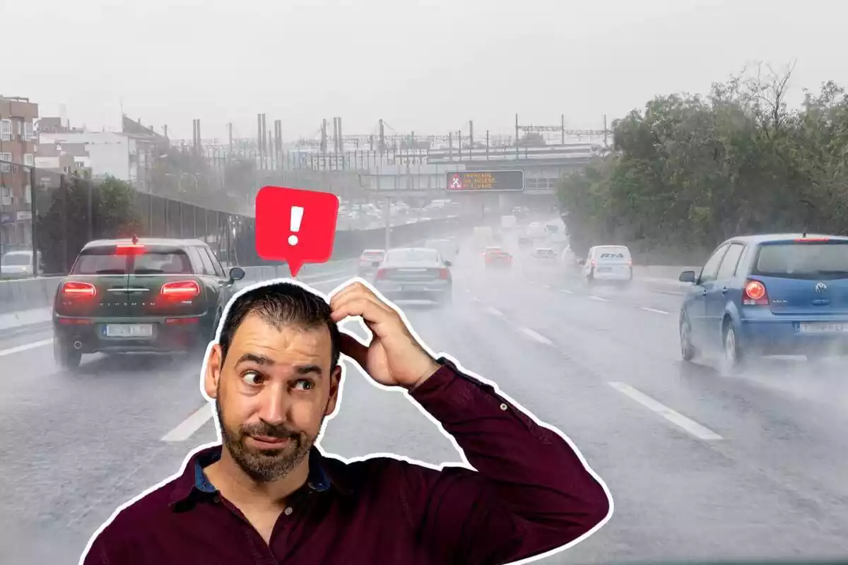 Imagen de fondo de varios coches circulando por una carretera con lluvia y charcos, y otra imagen de un hombre con gesto pensativo, además de un emoticono de exclamación