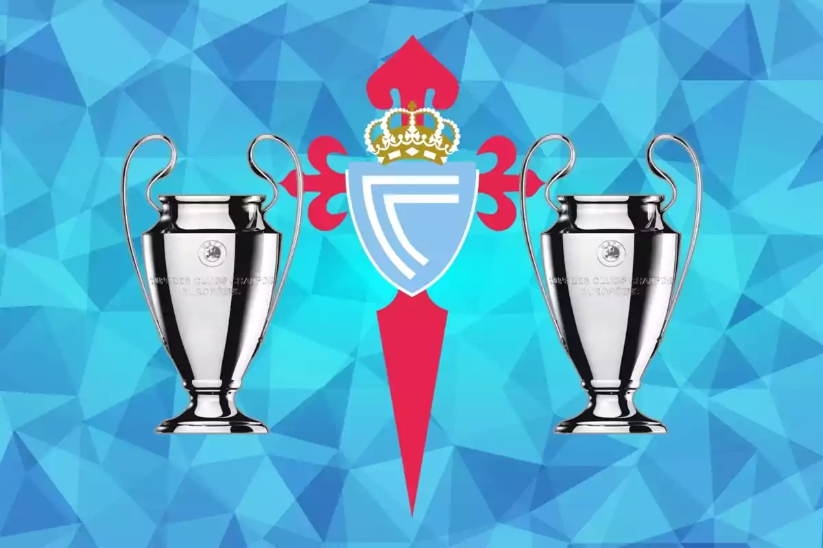 Imagen de dos trofeos de la Liga de Campeones de la UEFA con el escudo del Celta de Vigo en el centro sobre un fondo azul geométrico.