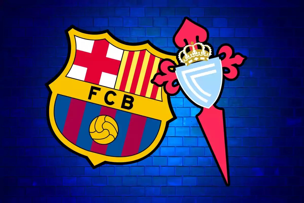 Escudos de los equipos de fútbol FC Barcelona y Celta de Vigo sobre un fondo de ladrillos azules.