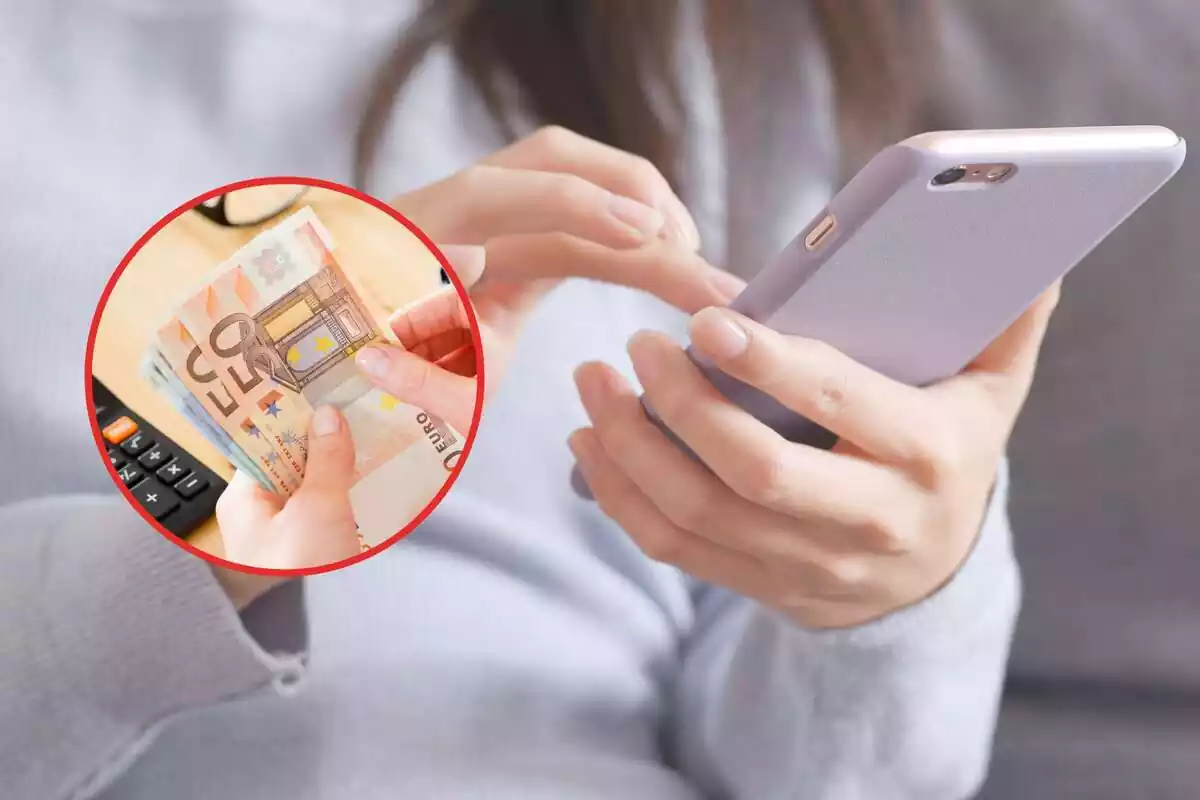 Montaje con una chica sosteniendo en su mano un teléfono móvil y unos billetes de 50 euros