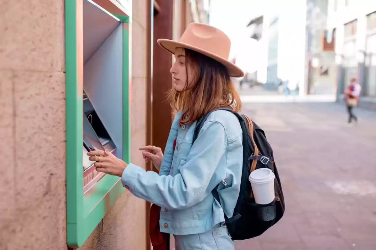 A woman in a hat and backpack uses an ATM on an urban street. A woman in a hat and backpack uses an ATM on an urban street.