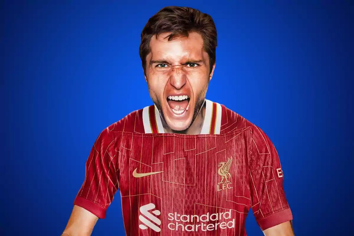 Un hombre con una camiseta de fútbol roja del Liverpool FC gritando con una expresión de emoción sobre un fondo azul. Un hombre con una camiseta de fútbol roja del Liverpool FC gritando con una expresión de emoción sobre un fondo azul.