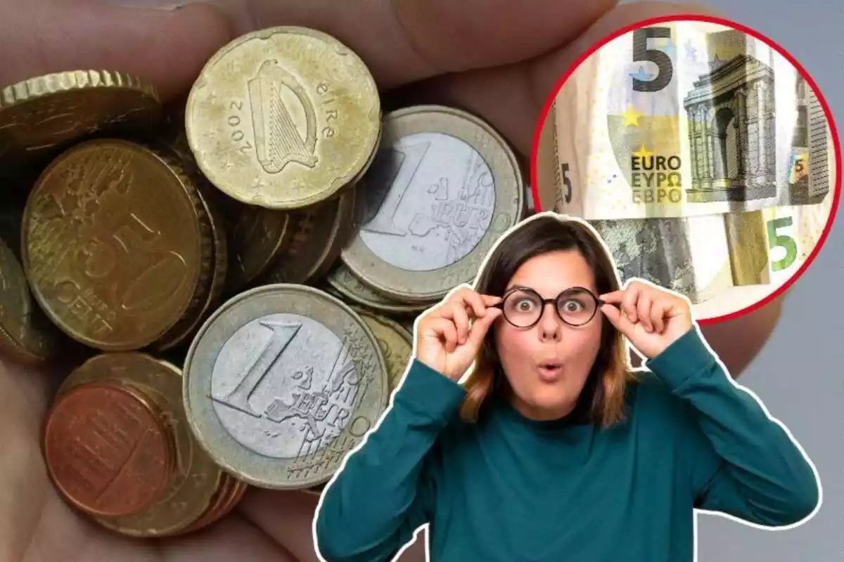 Imagen de fondo de varias monedas de euros en una mano, otra imagen de dos billetes de 5 euros y una última imagen de una mujer con gesto sorprendido