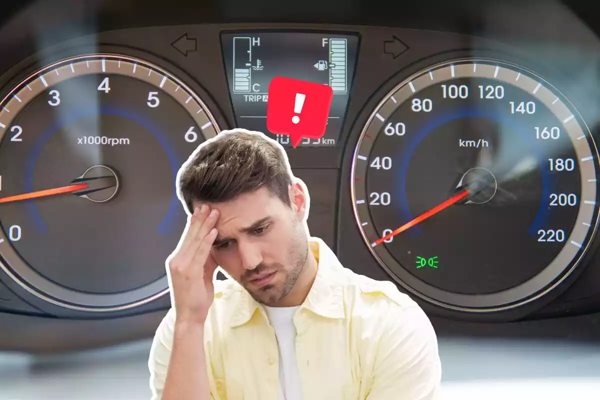 Imagen de fondo de un cuadro de mandos de un coche junto a una imagen en primer plano de un hombre preocupado