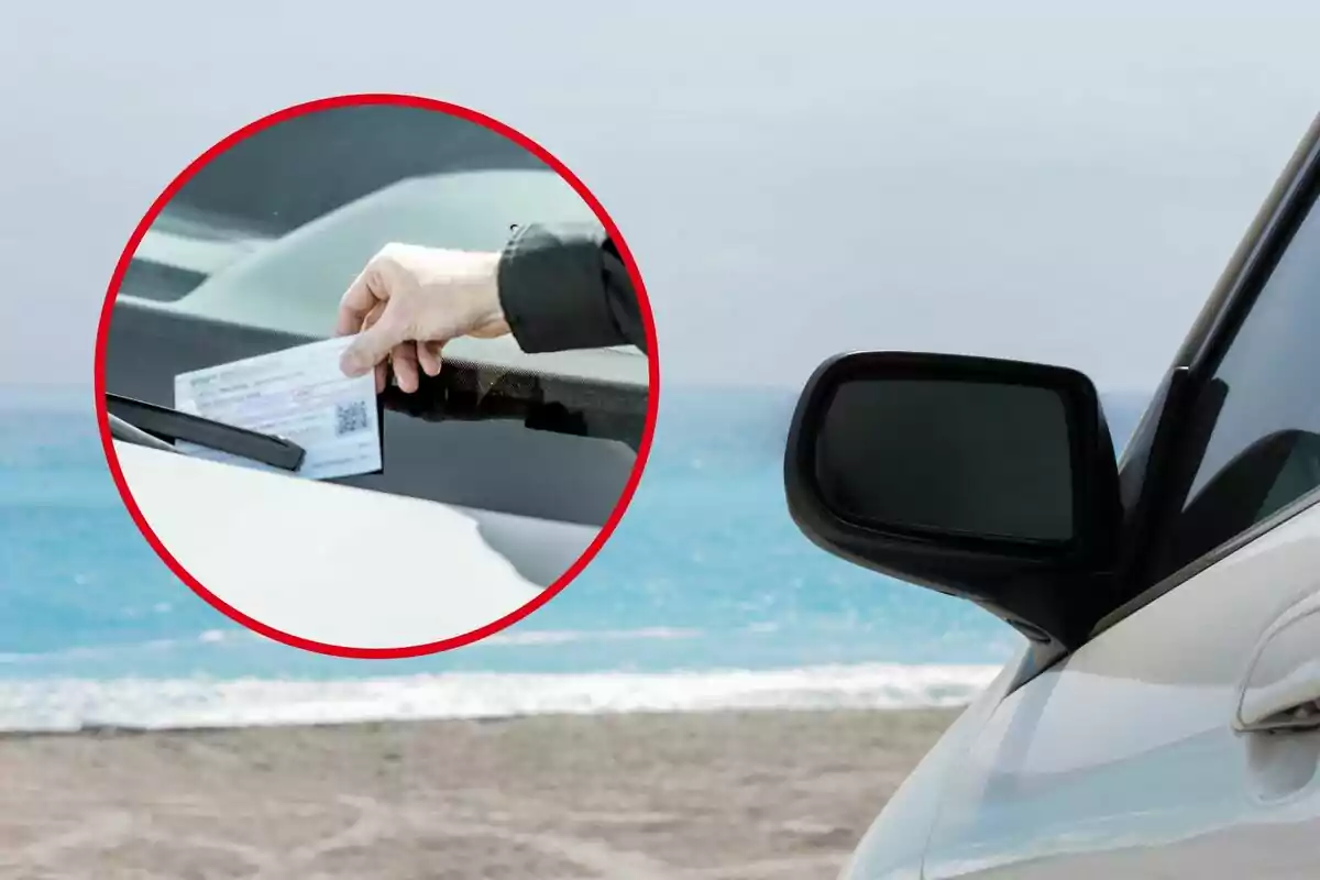 Una mano colocando un boleto en el parabrisas de un automóvil estacionado cerca de la playa. Una mano colocando un boleto en el parabrisas de un automóvil estacionado cerca de la playa.