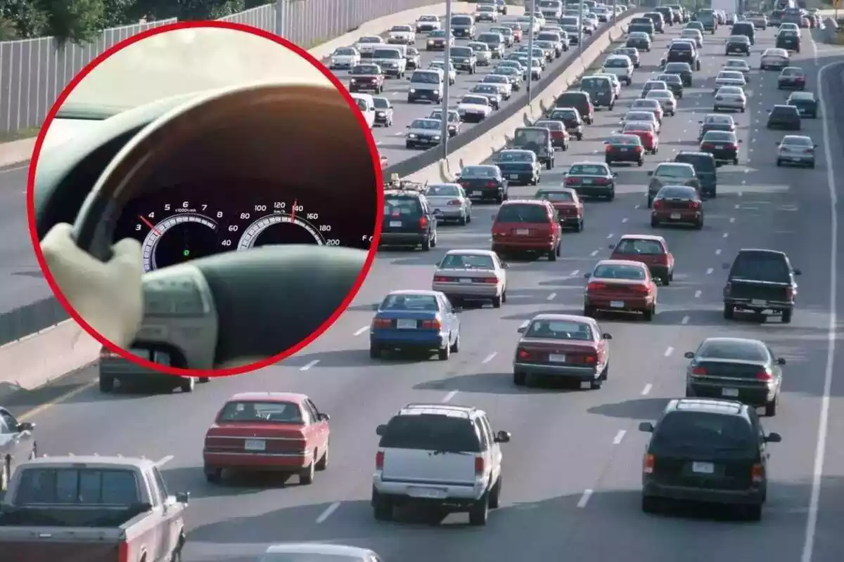 Imagen de fondo de una carretera con muchos coches circulando por ella, y otra imagen de un velocímetro de un coche