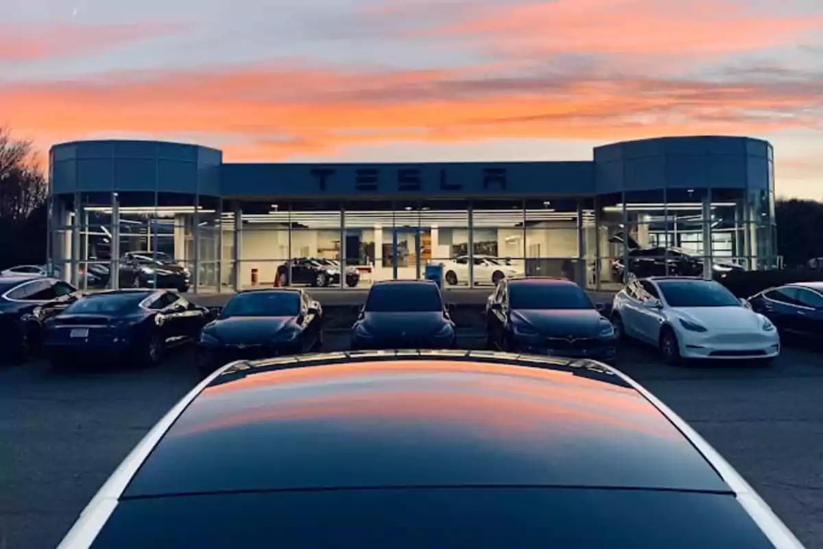 Concesionario de autos Tesla al atardecer con varios vehículos estacionados al frente. Concesionario de autos Tesla al atardecer con varios vehículos estacionados al frente.