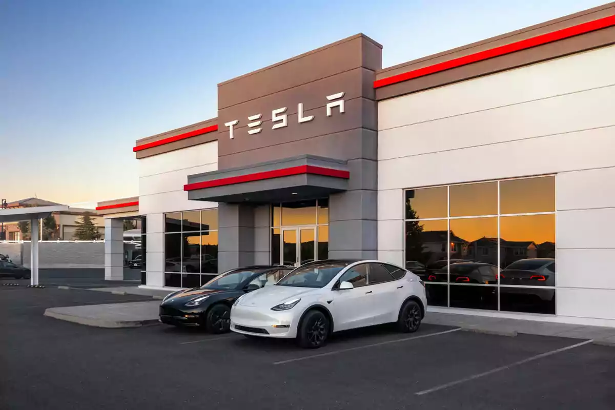 Fachada de un concesionario de automóviles con dos coches eléctricos estacionados al frente. Fachada de un concesionario de automóviles con dos coches eléctricos estacionados al frente.