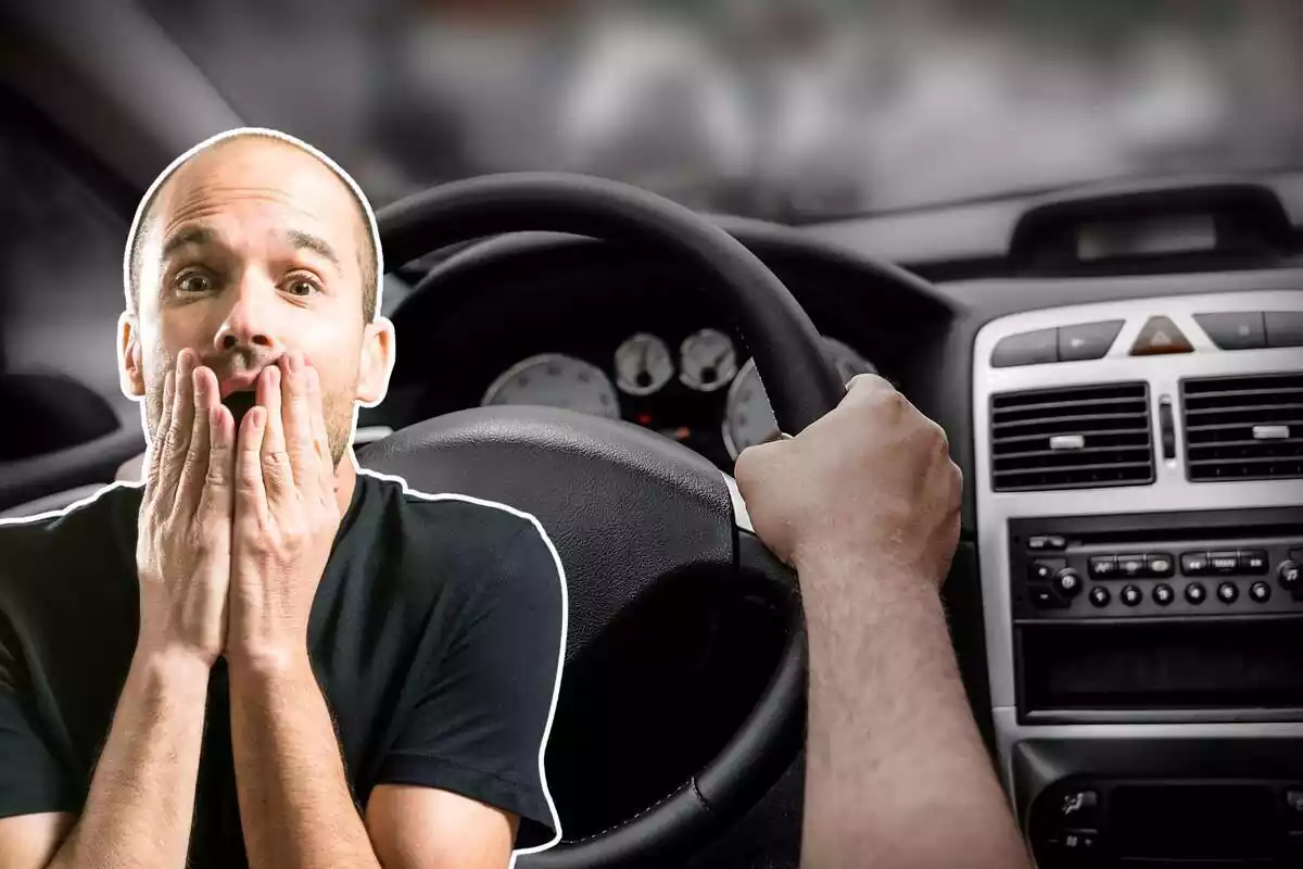 Imagen de fondo de un coche por dentro con un conductor dentro, con las manos al volante, y otra imagen de un hombre sorprendido