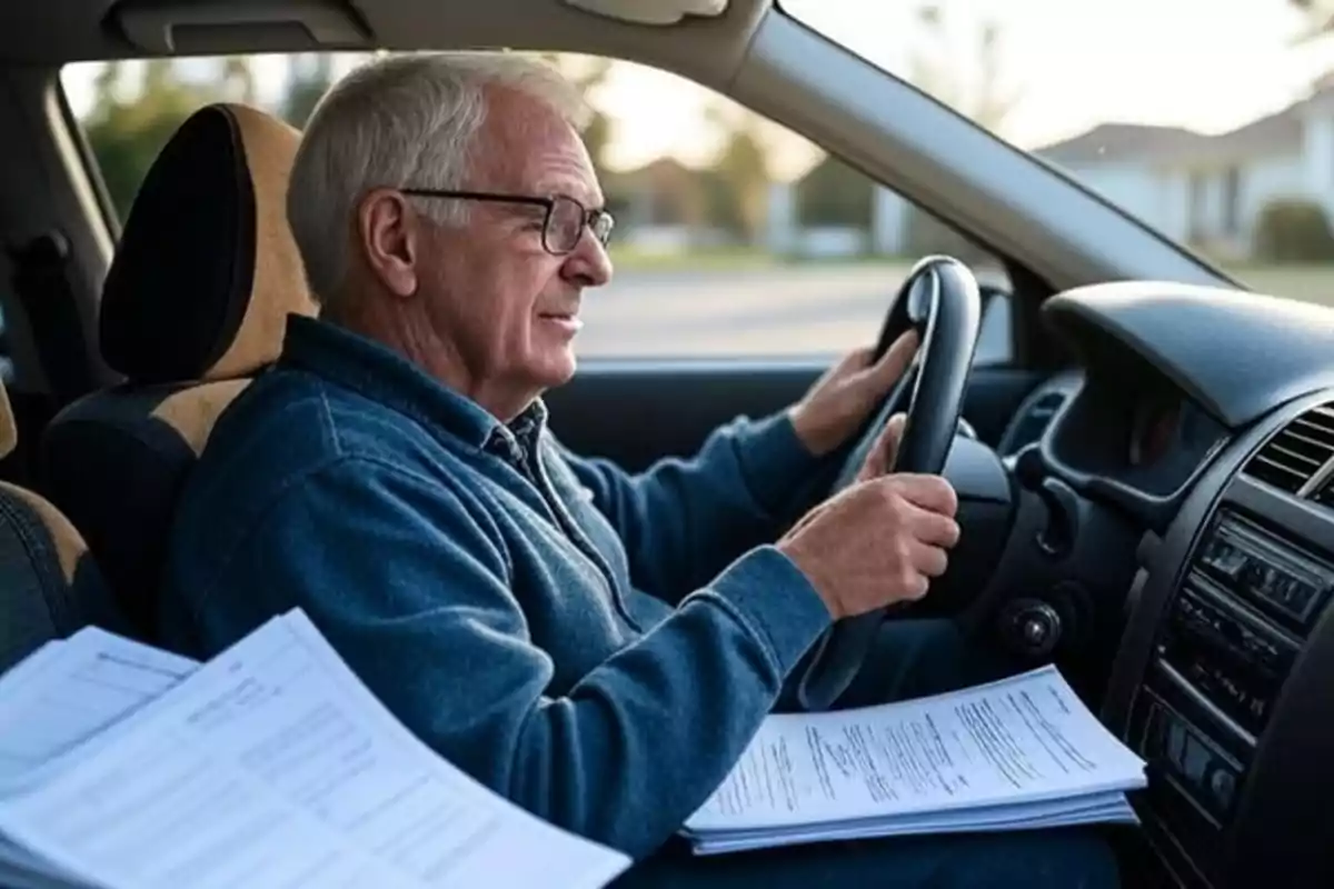 Older man with glasses driving a car while holding the steering wheel and having several documents on the passenger seat Older man with glasses driving a car while holding the steering wheel and having several documents on the passenger seat