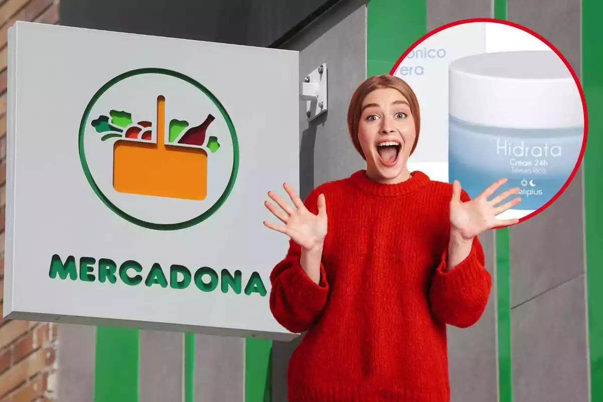 Imagen de fondo de un cartel con el logo de Mercadona y otras dos imágenes, una de una mujer sorprendida y otra de una crema hidratante de la marca deliplus