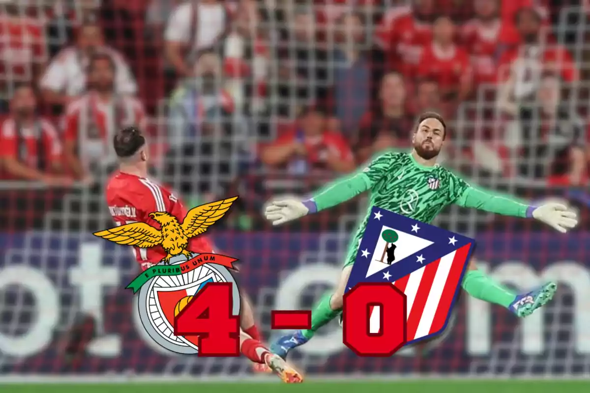 Un jugador del Benfica anota un gol mientras el portero del Atlético de Madrid intenta detener el balón, con un marcador de 4-0 a favor del Benfica.