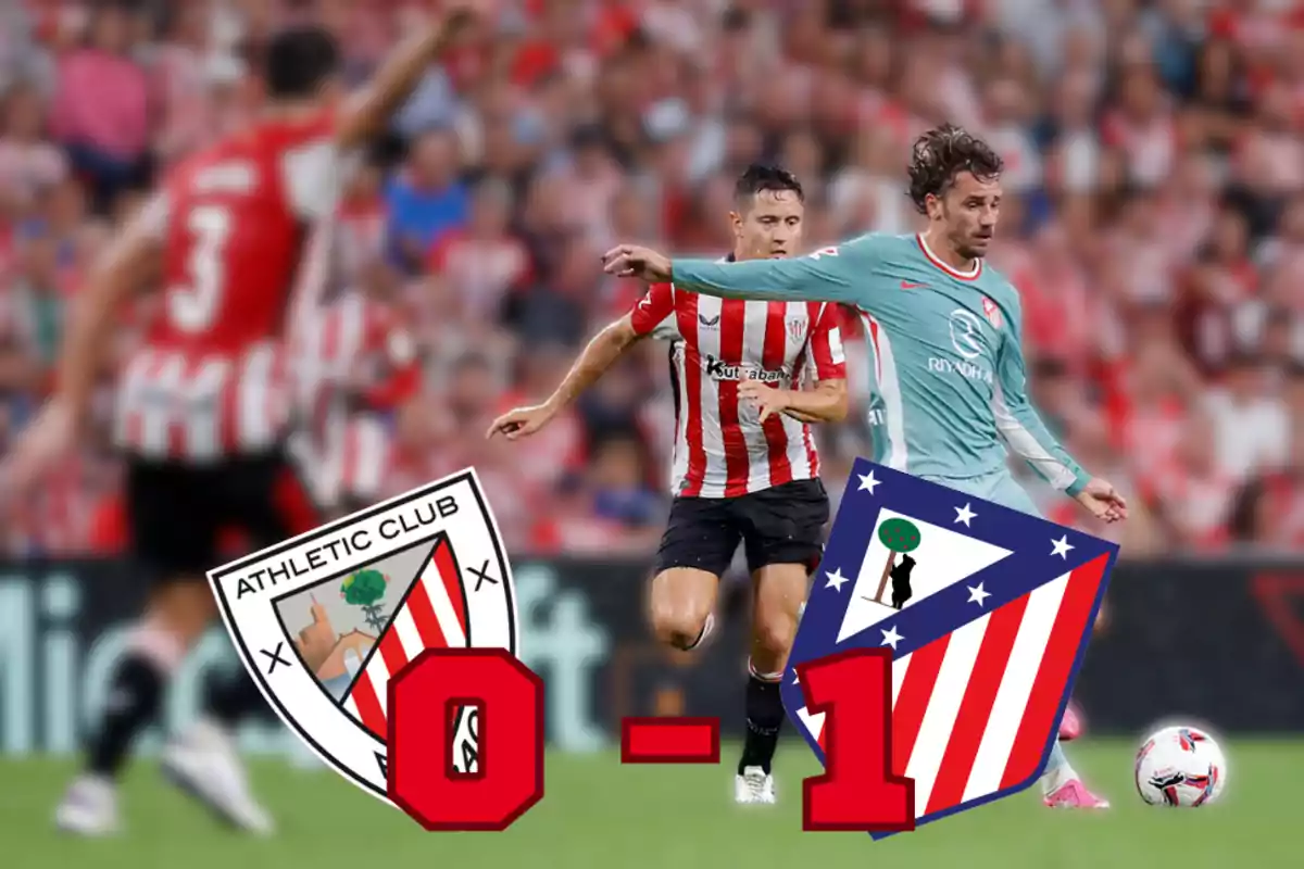 Un partido de fútbol entre el Athletic Club y el Atlético de Madrid, con un marcador final de 0-1 a favor del Atlético de Madrid.