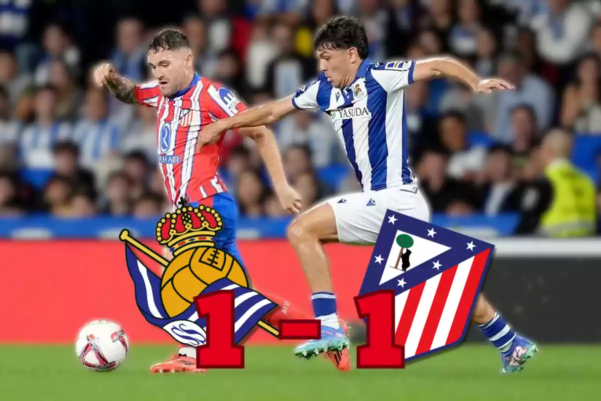 Dos jugadores de fútbol compiten por el balón en un partido que terminó empatado 1-1, con los escudos de sus equipos visibles en la imagen.