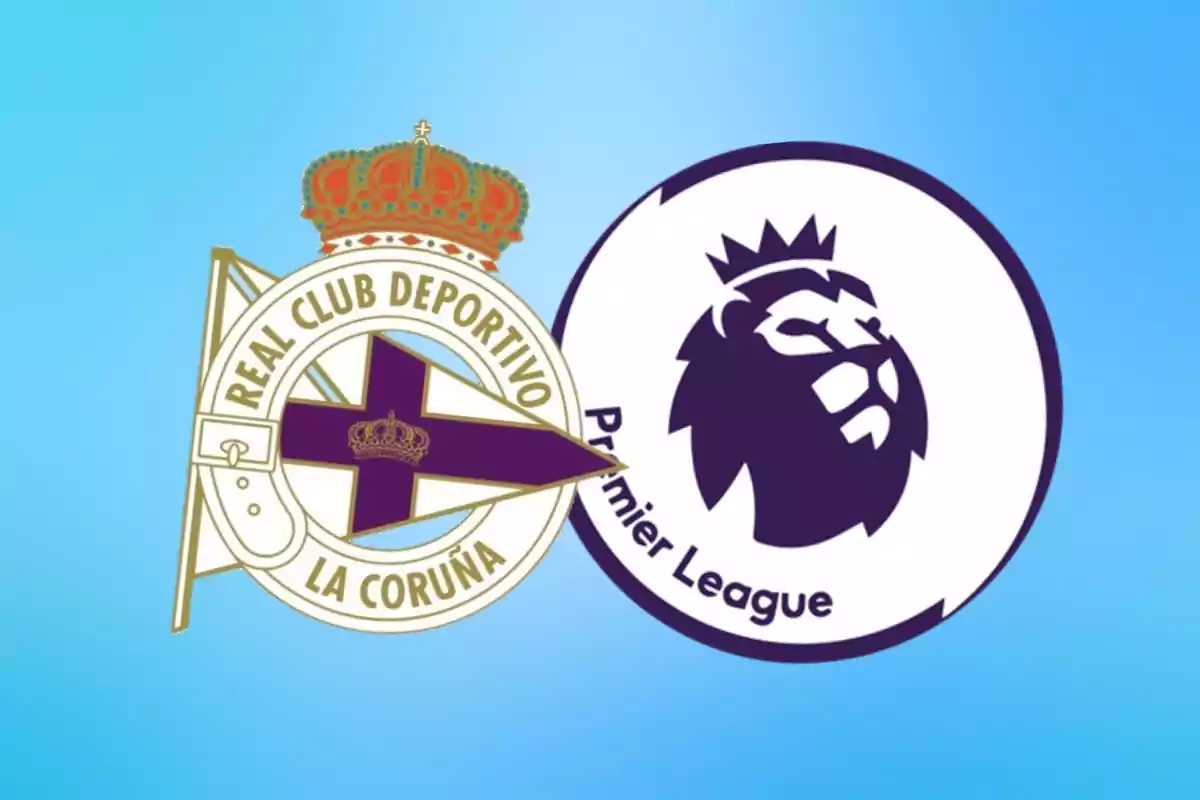 Escudo del Real Club Deportivo de La Coruña junto al logo de la Premier League sobre un fondo azul.