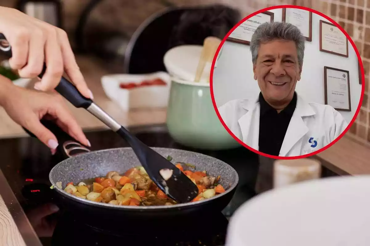 Imagen de fondo de una persona cocinando verduras en una sartén y otra imagen del doctor Rafael Gómez y Blasco