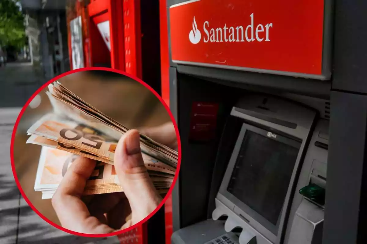 Imagen de fondo de un cajero de un banco Santander y otra imagen de una persona con billetes de 50 euros en la mano