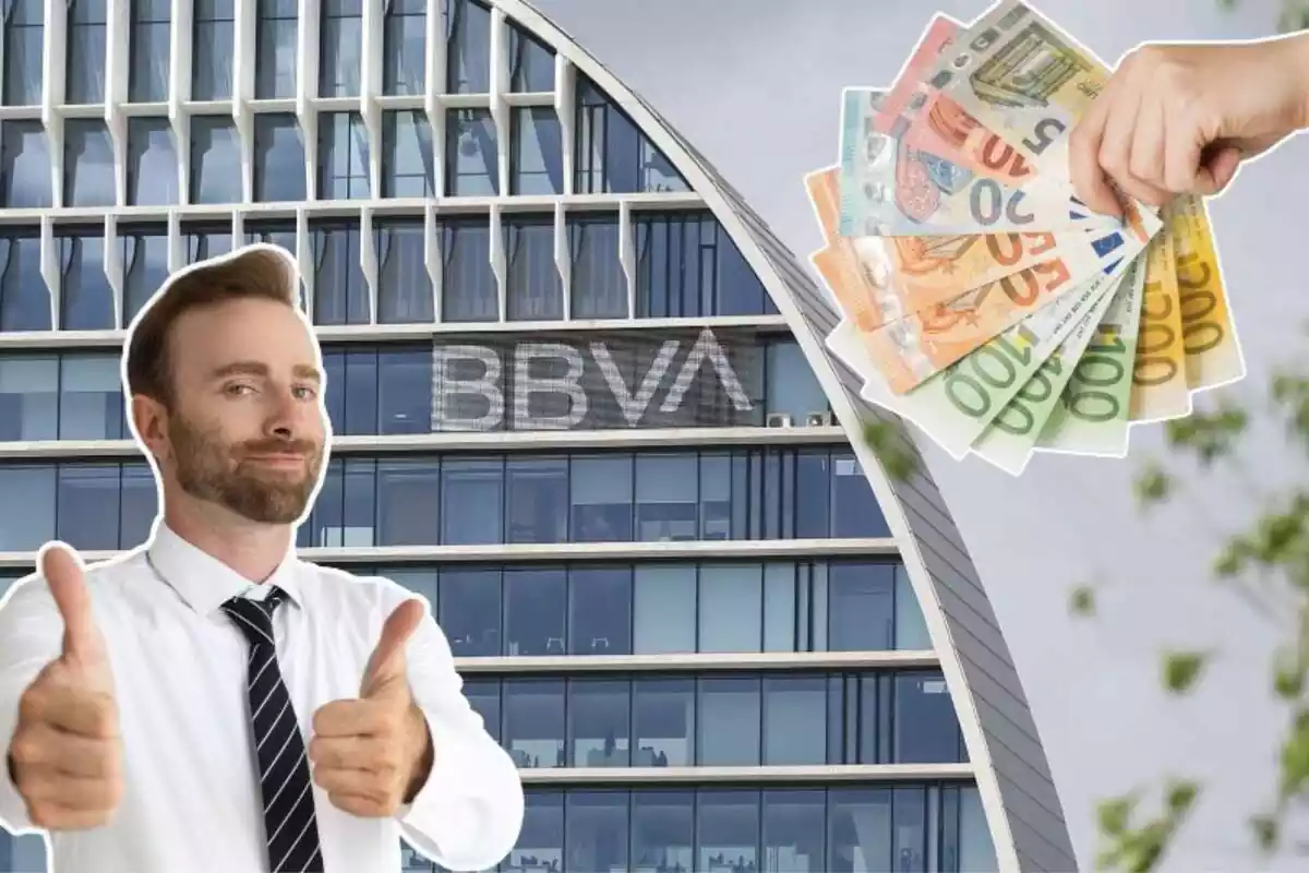 Montaje con una imagen de fondo de un edificio del BBVA y otra imagen de muchos billetes de euro en una mano y una persona con gesto de aprobación
