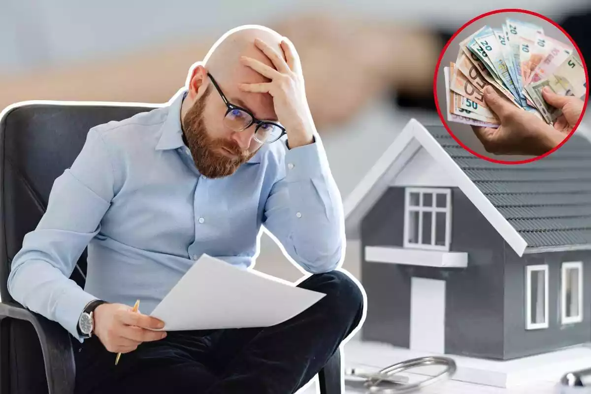 Montaje con una imagen de fondo de un casa en miniatura con otra imagen de un hombre sentado mirando un papel preocupado y una imagen más de varios billetes de euros en una mano