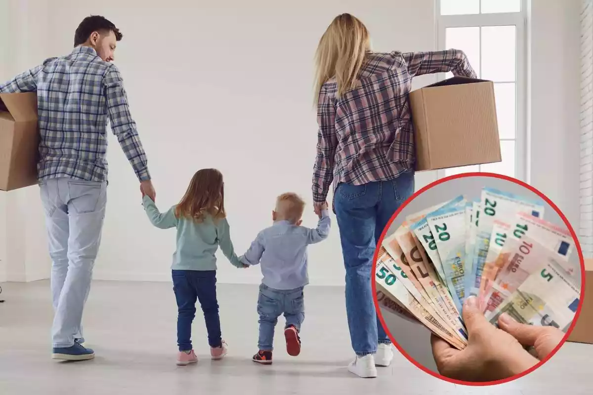 Imagen de fondo de una familia con dos hijos de espaldas y con cajas, y otra imagen de una mano con billetes de euros