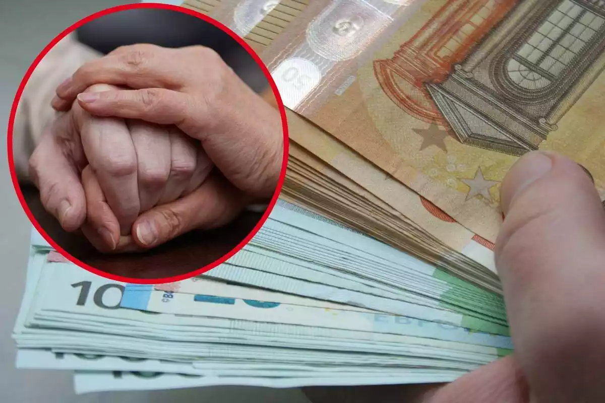 Imagen de fondo de varios billetes de euros y otra imagen de dos personas cogiéndose las manos