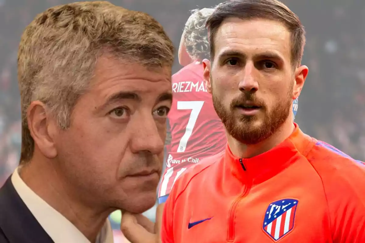 Dos hombres en primer plano con una persona de espaldas en el fondo, todos relacionados con el Atlético de Madrid.