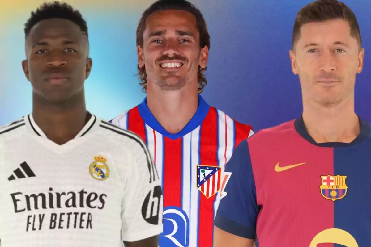 Tres futbolistas con camisetas de los equipos Real Madrid, Atlético de Madrid y Barcelona.