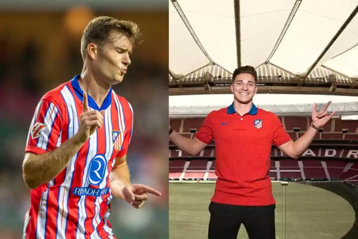 Dos jugadores del Atlético de Madrid, uno celebrando en el campo y otro posando en el estadio.