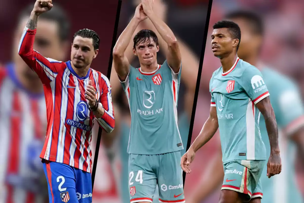 Tres jugadores de fútbol del Atlético de Madrid, uno con uniforme de local y dos con uniforme de visitante, en diferentes poses durante un partido.