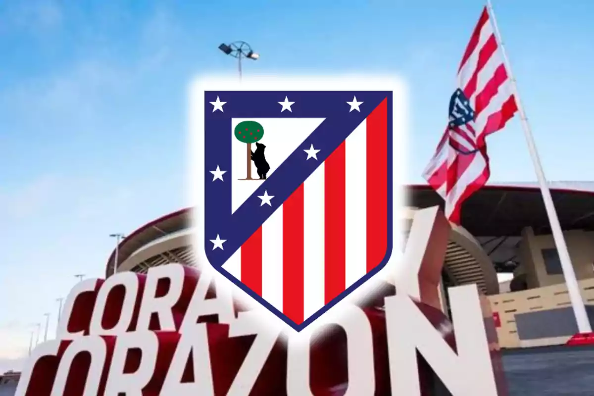 Escudo del Atlético de Madrid sobre una imagen del estadio con una bandera ondeando y un cartel que dice "Coraje y Corazón"