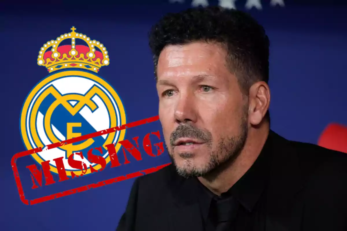 Hombre con expresión seria frente a un fondo azul con el logo del Real Madrid y la palabra "MISSING" en rojo.