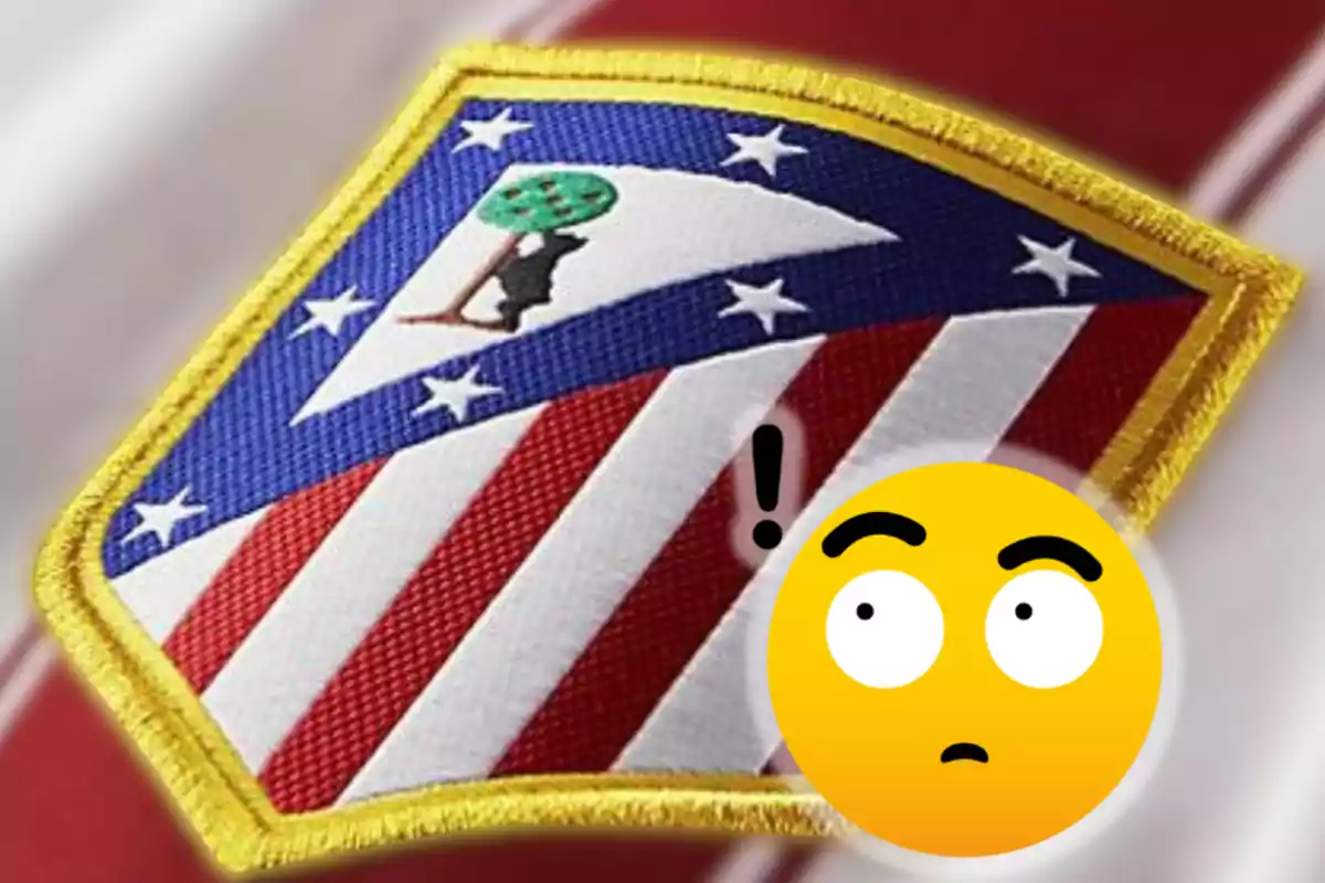 Escudo del Atlético de Madrid con un emoji sorprendido superpuesto.