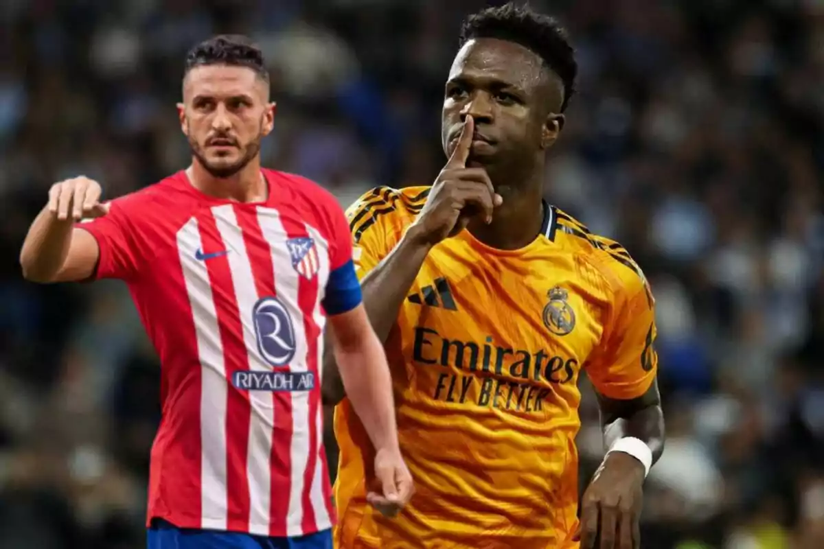 Dos jugadores de fútbol en el campo, uno con la camiseta del Atlético de Madrid y el otro con la del Real Madrid.