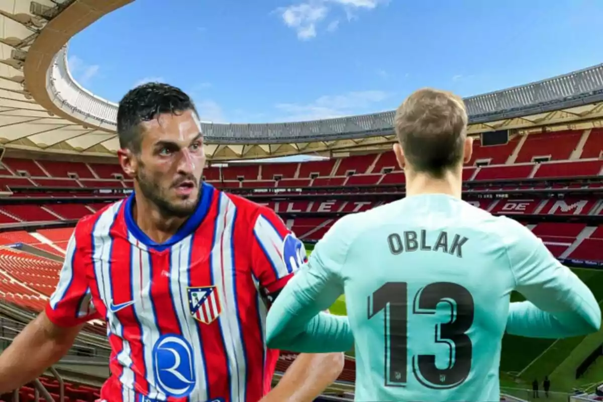 Dos jugadores del Atlético de Madrid en el estadio Wanda Metropolitano.