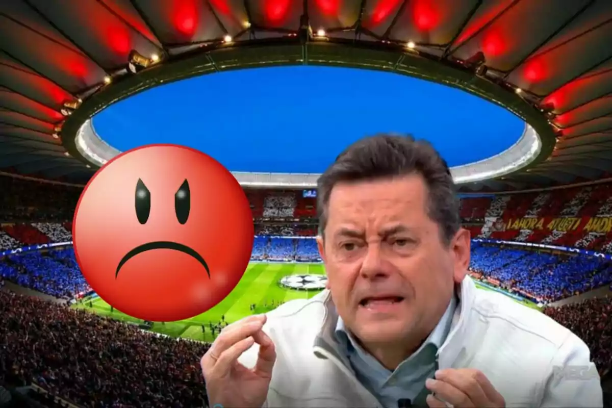 Un hombre con expresión de enojo en un estadio de fútbol con un emoji de cara enojada superpuesto.