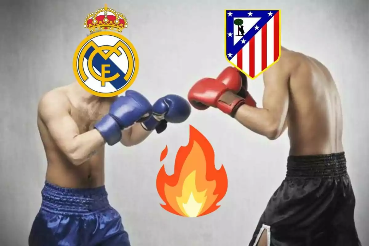 Dos boxeadores con los logotipos del Real Madrid y el Atlético de Madrid en lugar de sus cabezas, con guantes de boxeo azules y rojos respectivamente, y una imagen de una llama entre ellos.