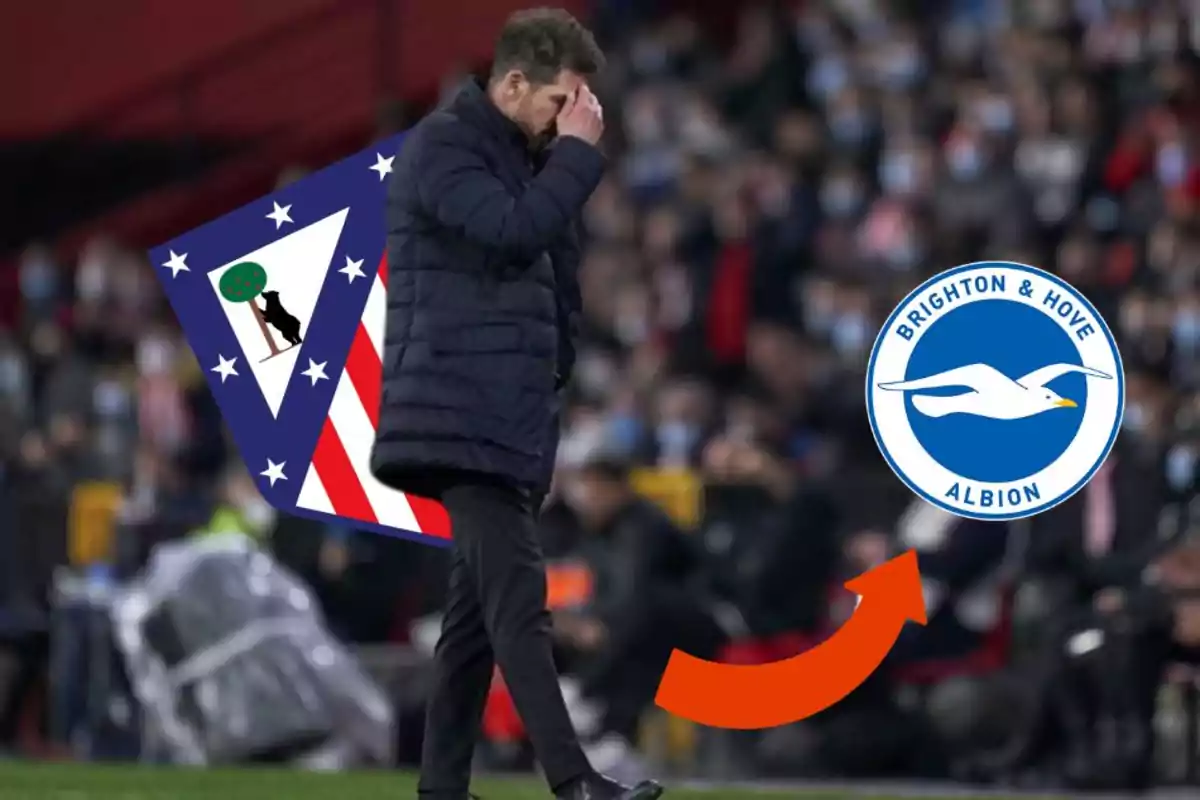 Un hombre caminando con la mano en la frente, con el escudo del Atlético de Madrid detrás y una flecha apuntando al escudo del Brighton & Hove Albion.