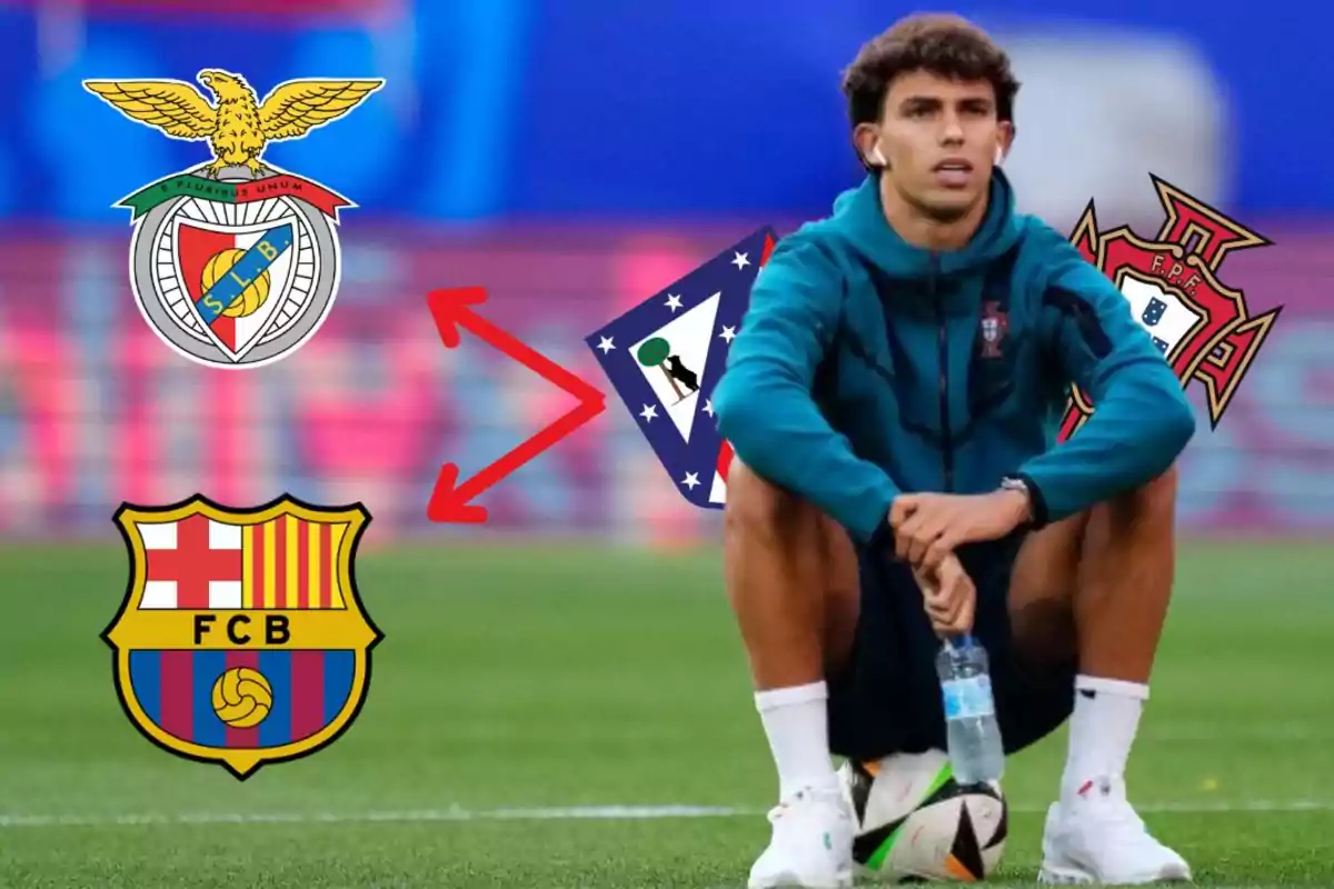 Un joven futbolista está sentado en el campo de fútbol, rodeado de los escudos de los equipos Benfica, Atlético de Madrid, Barcelona y la selección de Portugal.