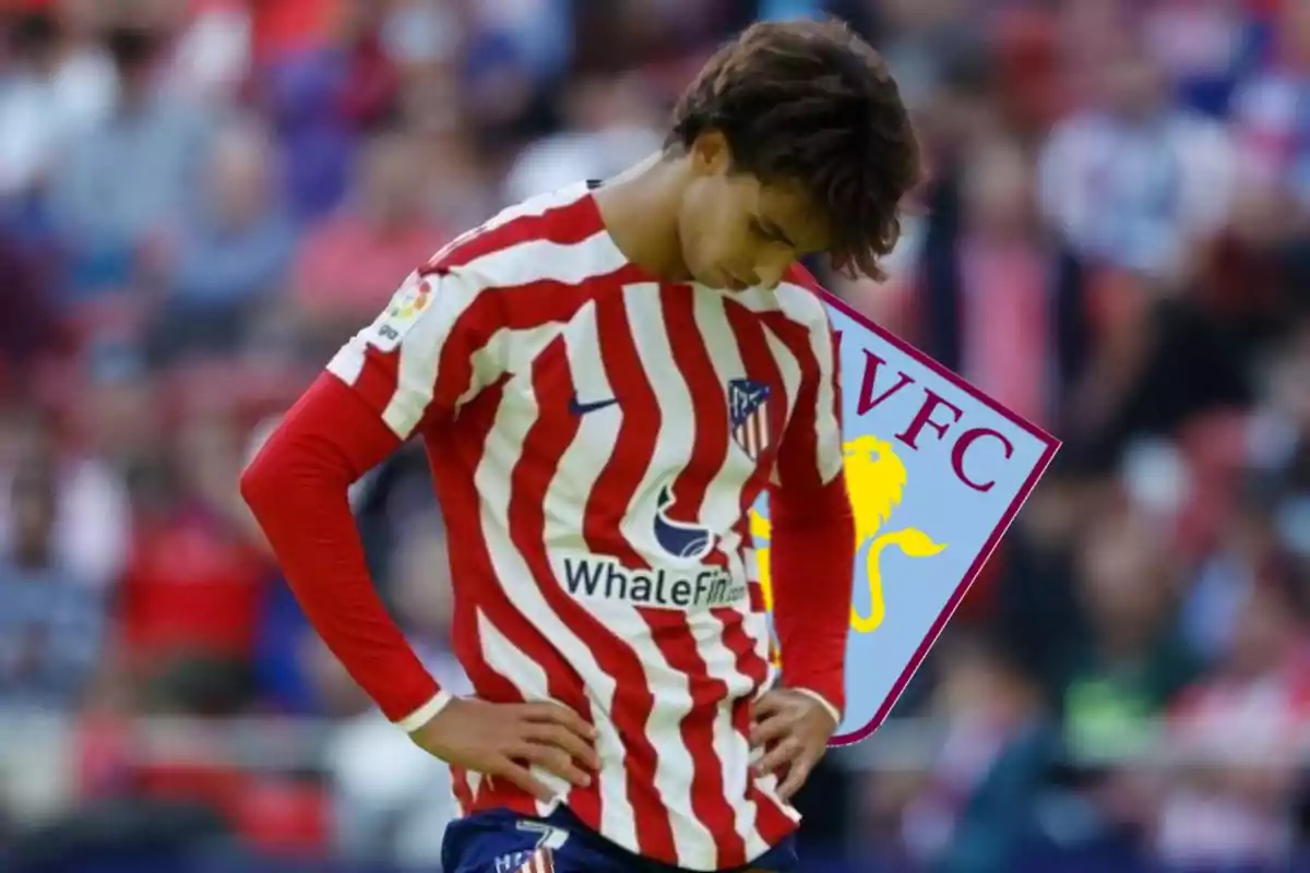 Un jugador de fútbol con la camiseta del Atlético de Madrid, con la cabeza baja y las manos en la cintura, con el escudo del Aston Villa FC de fondo.